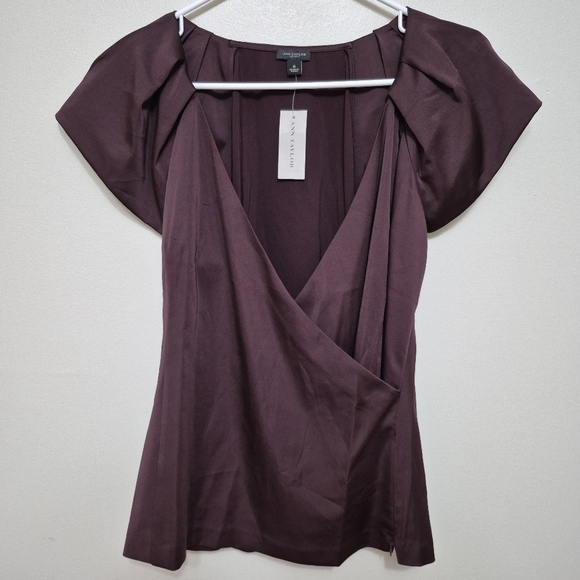 Ann Taylor Tops - NWT Ann Taylor Women's Wine Burgundy Satin V-Neck Wrap Short Sleeve Blouse